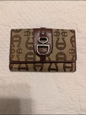 Authentic Etienne Aigner Canvas Logo Print Tri Fold Wallet Leather Trim